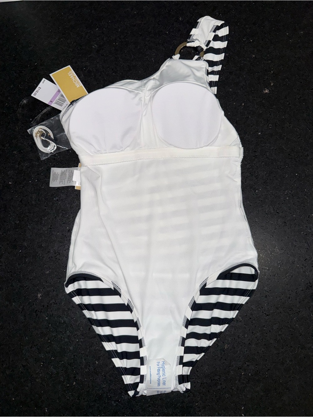 NEW MICHAEL KORS Black and White Striped One Shoulder One Piece Swimsuit SZ 6 - Picture 7 of 8